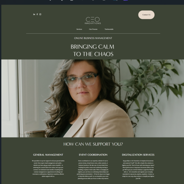 Website for CEO Innovations, Deep green background, with a picture of the owner Charla, long dark brown hair in a suit coat standing.