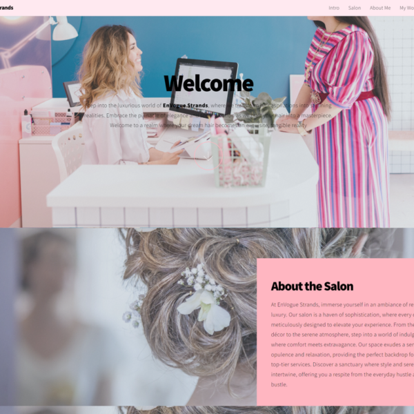 Envogue Strands Website page, pinkish colors and showcases their salon services